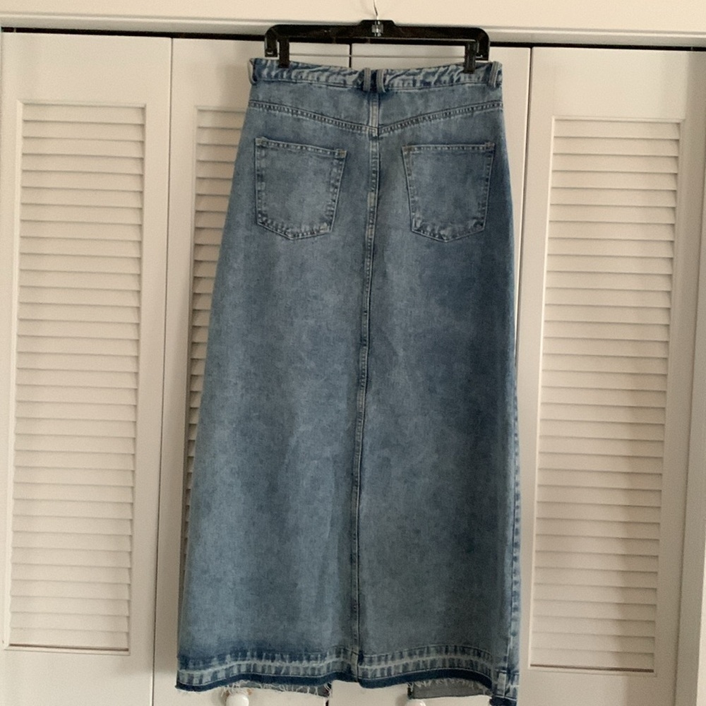ONEDNA Ann Arbor Denim Maxi Skirt Women’s Blue Jean Front Slit Raw Edge Size L - Picture 6 of 14